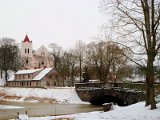 stone bridge over Tebra river and Saint John’s evangelical lutheran church, Aizpute / kamenný most přes řeku Tebra a evangelický luteránský kostel svatého Jana, Aizpute