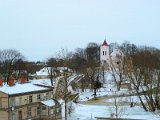 mill lake, stone bridge over Tebra river and Saint John’s evangelical lutheran church, Aizpute / mlýnské jezero, kamenný most přes řeku Tebra a evangelický luteránský kostel svatého Jana, Aizpute